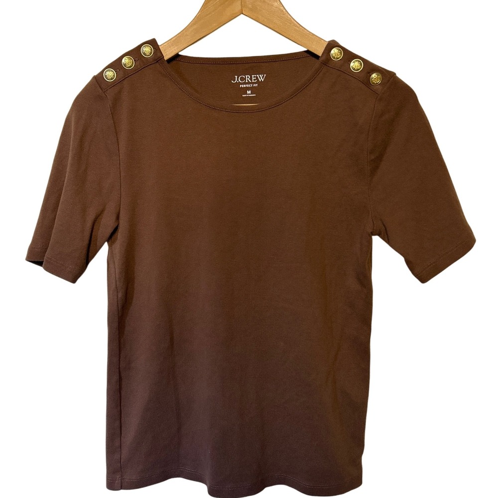 J Crew Perfect Fit T-Shirt Gold‎ Button Shoulder Brown Women's Size Medium EUC